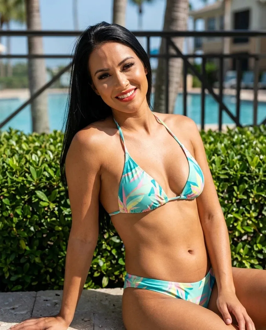 Smiling brunette woman with long black hair wearing a turquoise tropical print bikini sitting by a swimming pool with palm trees and greenery in the background